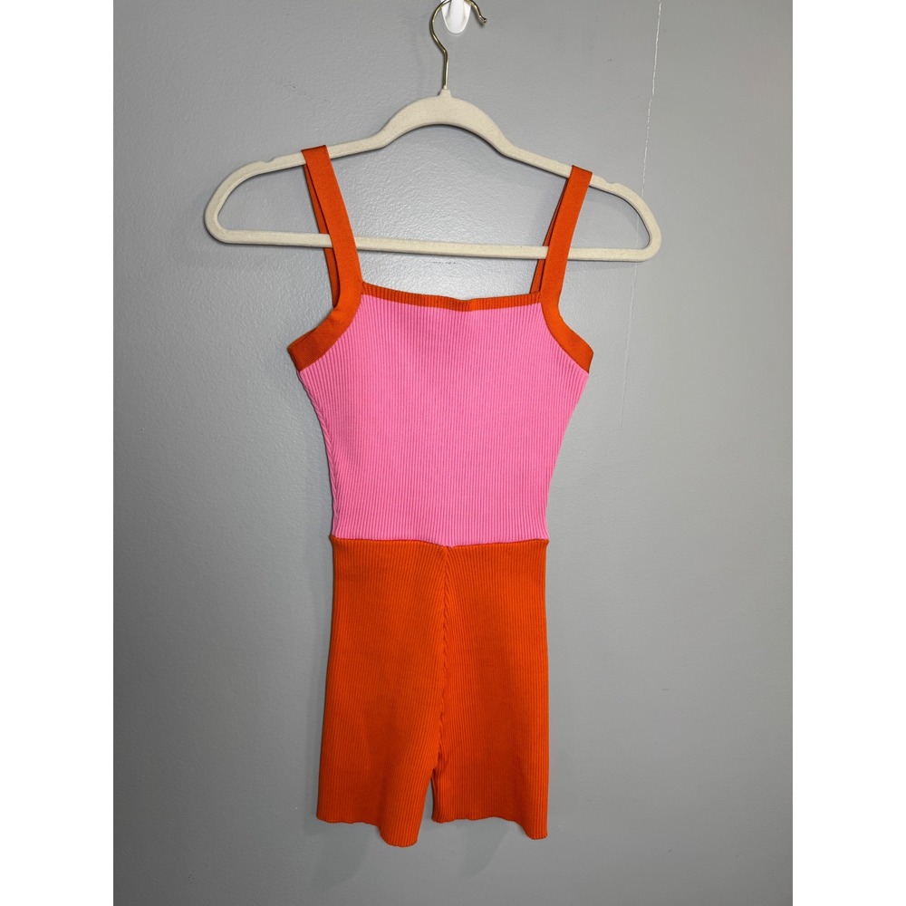 Zara Ribbed Knit Colorblock Spaghetti Strap Romper Pink Orange S 1822/018/050